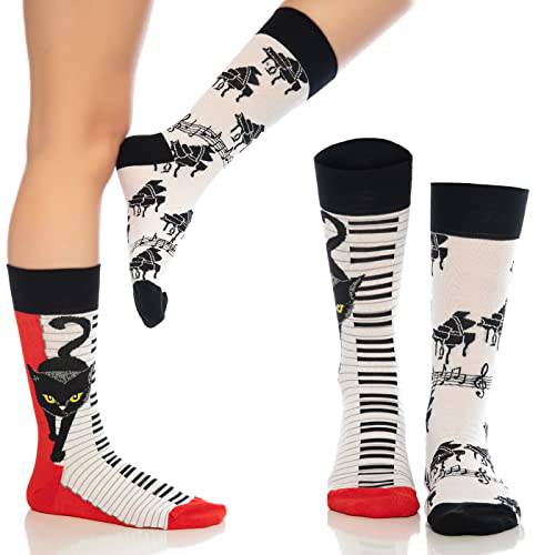 Crew socks with black-and-white stripes, cat icons, and red heel accents.