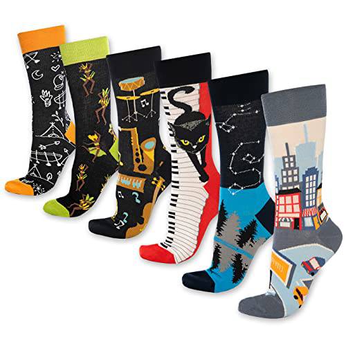 6-pack crew socks with black cat prints, striped styles, and city scenes, multicolor.