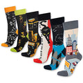 6-pack crew socks with black cat prints, striped styles, and city scenes, multicolor.