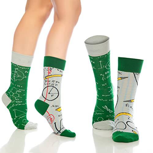 Crew socks in green with math grid and equations print, plus gray cuff