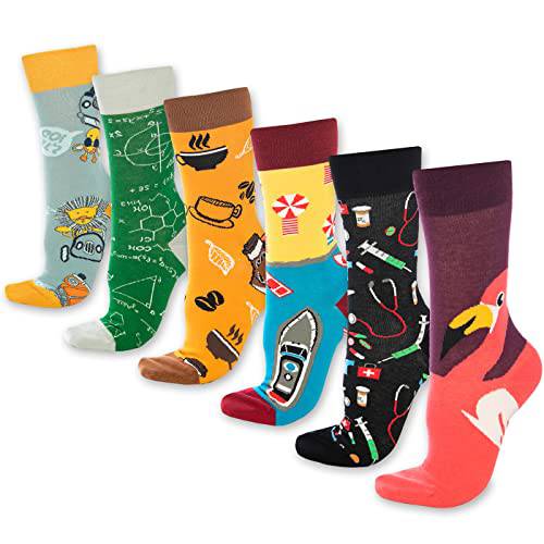 Crew socks set with mixed animal and logo patterns in brown, orange, and green