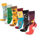 Crew socks set with mixed animal and logo patterns in brown, orange, and green