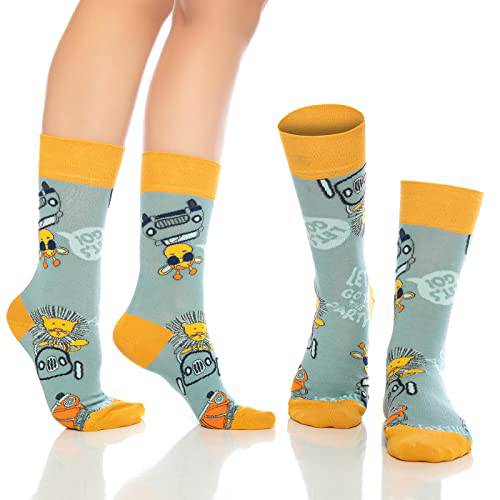 Crew socks in light gray-blue with robot and insect character prints, yellow cuffs