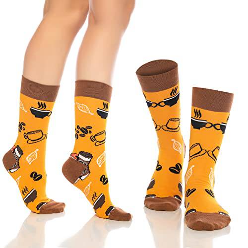 Crew socks in orange with dark brown and black utensil and face patterns