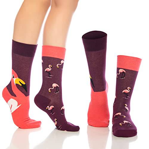 Crew socks set with maroon and coral flamingo pattern and small gold accents