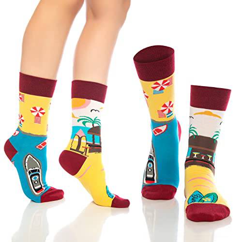 Crew socks set with blue, red, and yellow patterns featuring flags and travel icons