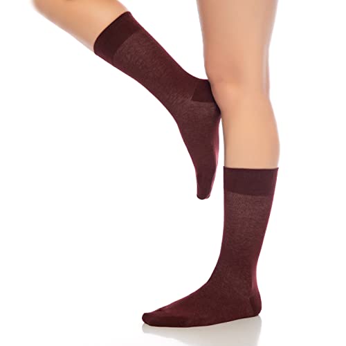 Burgundy crew socks pair on model legs, mid-calf length
