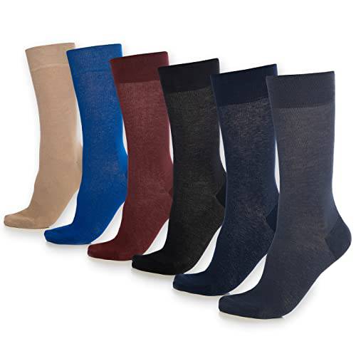 6-pack crew socks with tan, blue, burgundy, and black tones