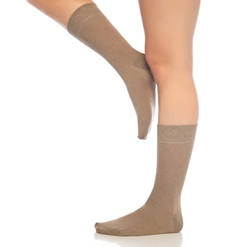 Beige tan crew socks on model legs, mid-calf length