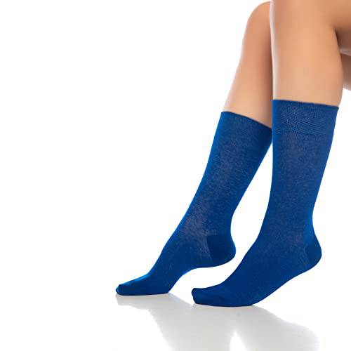 Blue crew socks pair on model legs, ribbed cuff and knit texture