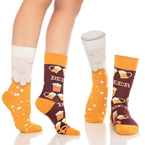 Fun crew socks 6-pack, orange and brown with beer mug and foam cloud novelty prints