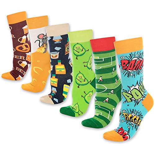 Fun crew socks 6-pack, mixed colorful novelty designs with mouse, chef, and comic prints