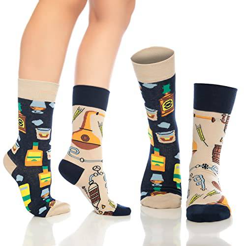 Fun crew socks 6-pack, navy and cream with coffee maker and drink-themed novelty prints