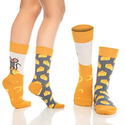 Fun crew socks 6-pack, orange and navy with mouse and cheese-themed novelty prints