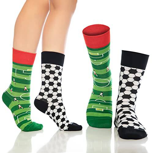 Fun crew socks 6-pack, green field stripes and black-and-white checker soccer novelty prints