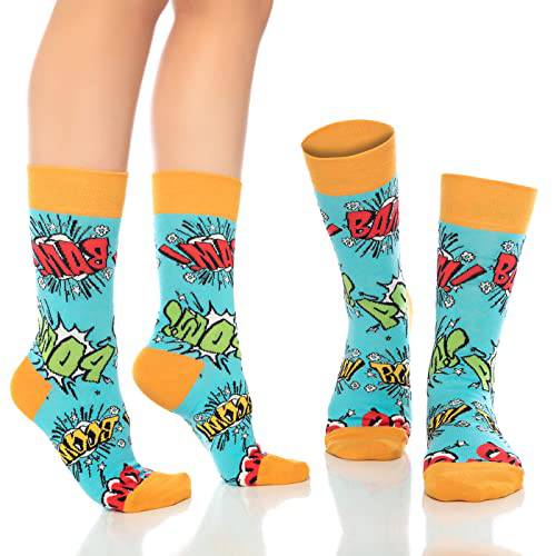 Fun crew socks 6-pack, light blue with comic “BAM” bursts and orange toe accents