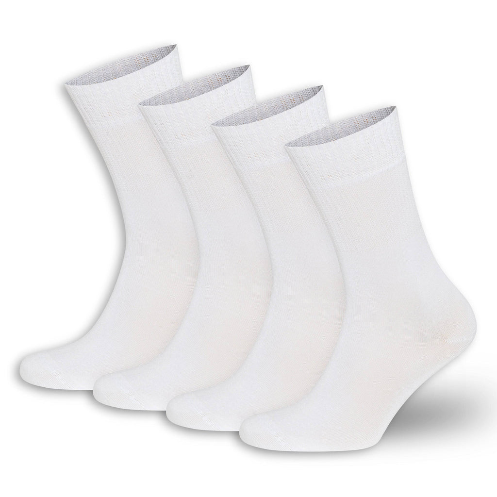 White crew socks, 4-pack set with elastic ribbed cuff and cushioned foot.