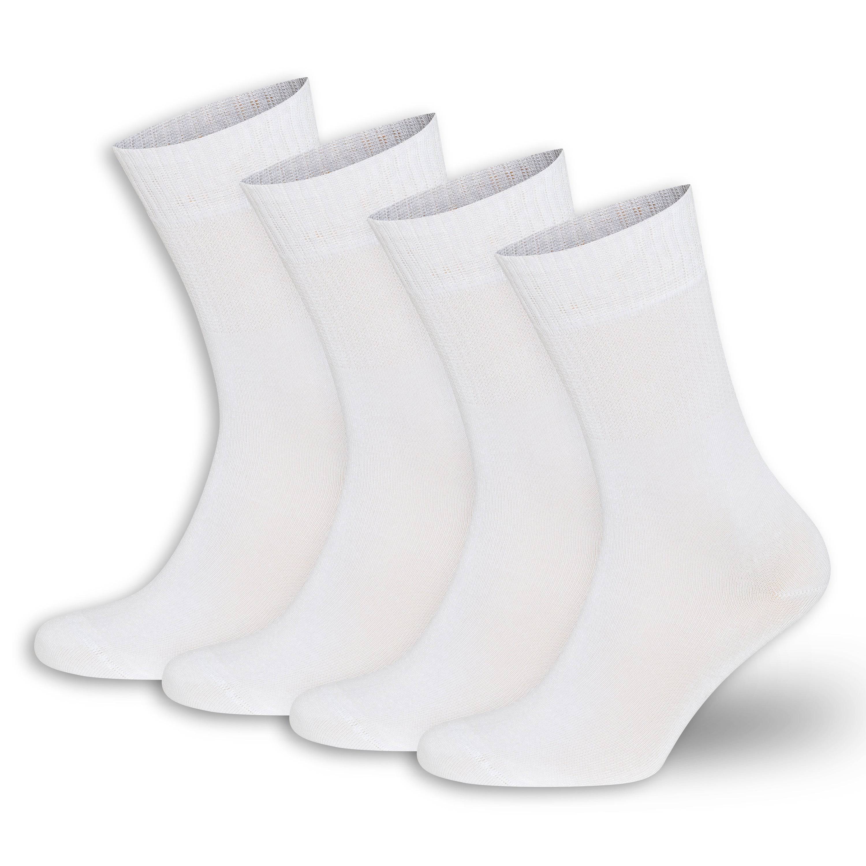 White crew socks, 4-pack set with elastic ribbed cuff and cushioned foot.