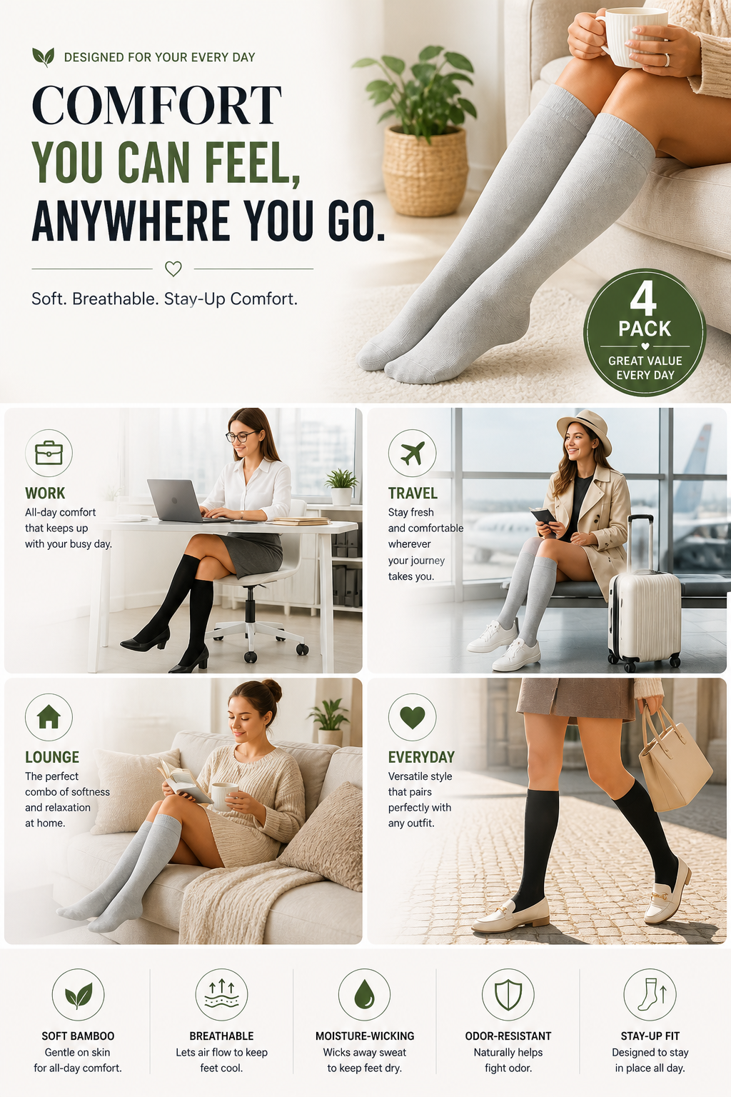 Gray knee-high socks on seated legs, 4-pack
