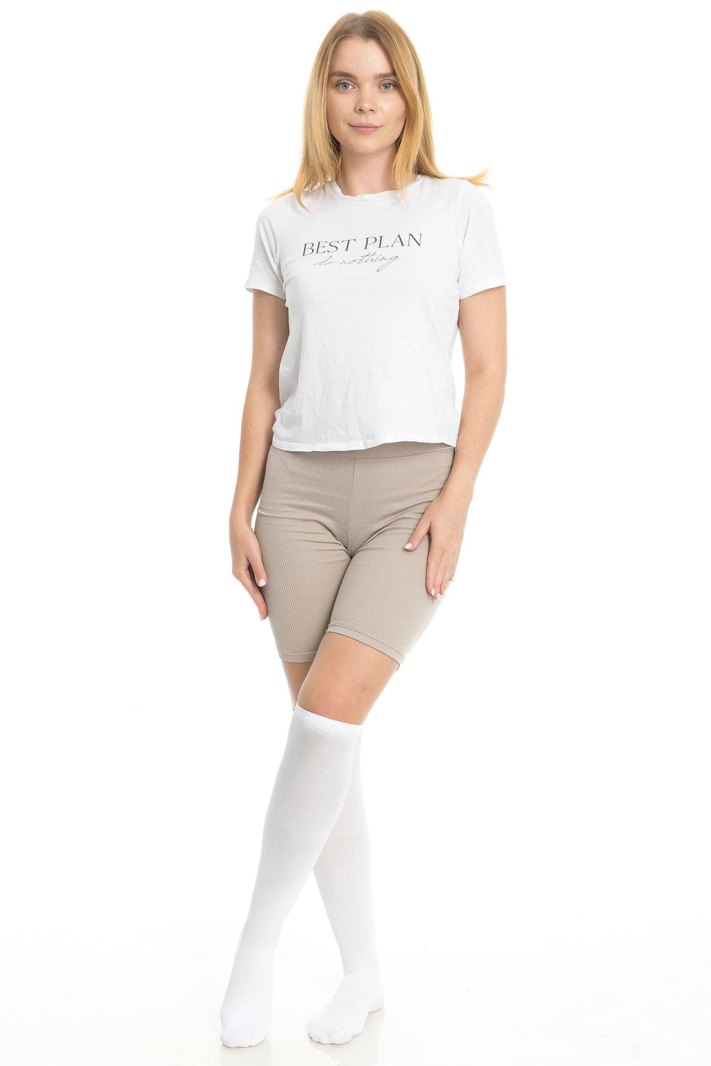 Compression socks, white 15–20mmHg, crew length ribbed knit on wearer