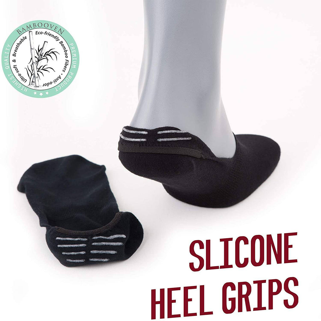 Black no-show socks with silicone heel grip pattern at back of heel