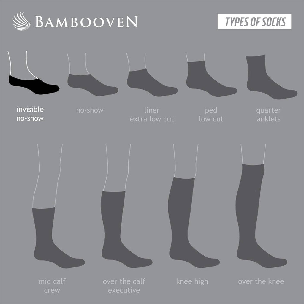 Socks style guide showing invisible no-show, ped, quarter, crew, and knee-high