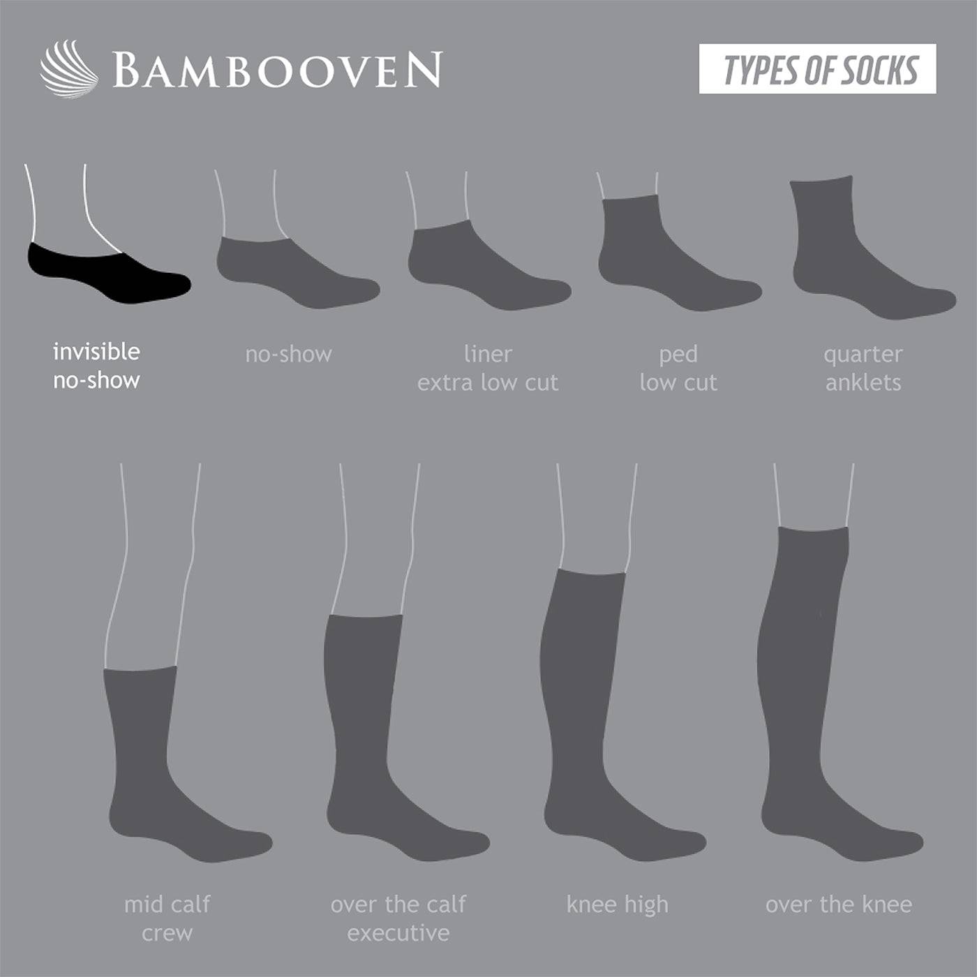 Socks style guide showing invisible no-show, ped, quarter, crew, and knee-high