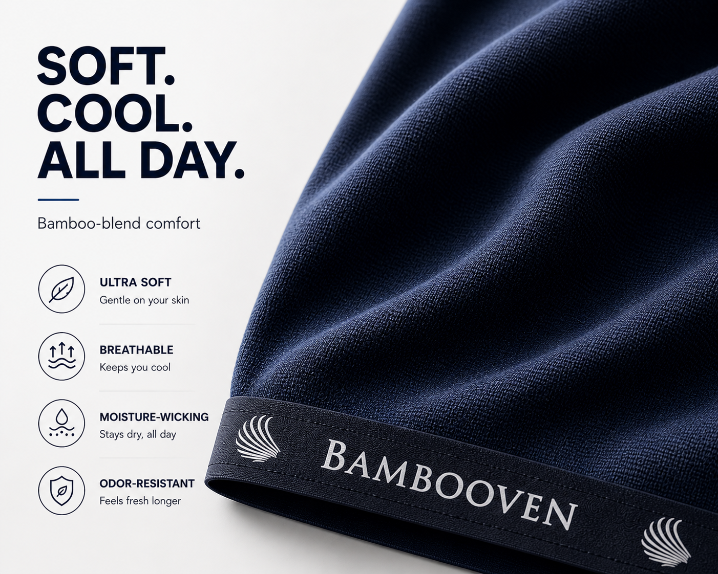 Men's bamboo boxer trunks, dark blue fabric close-up with BAMBOOVEN logo waistband