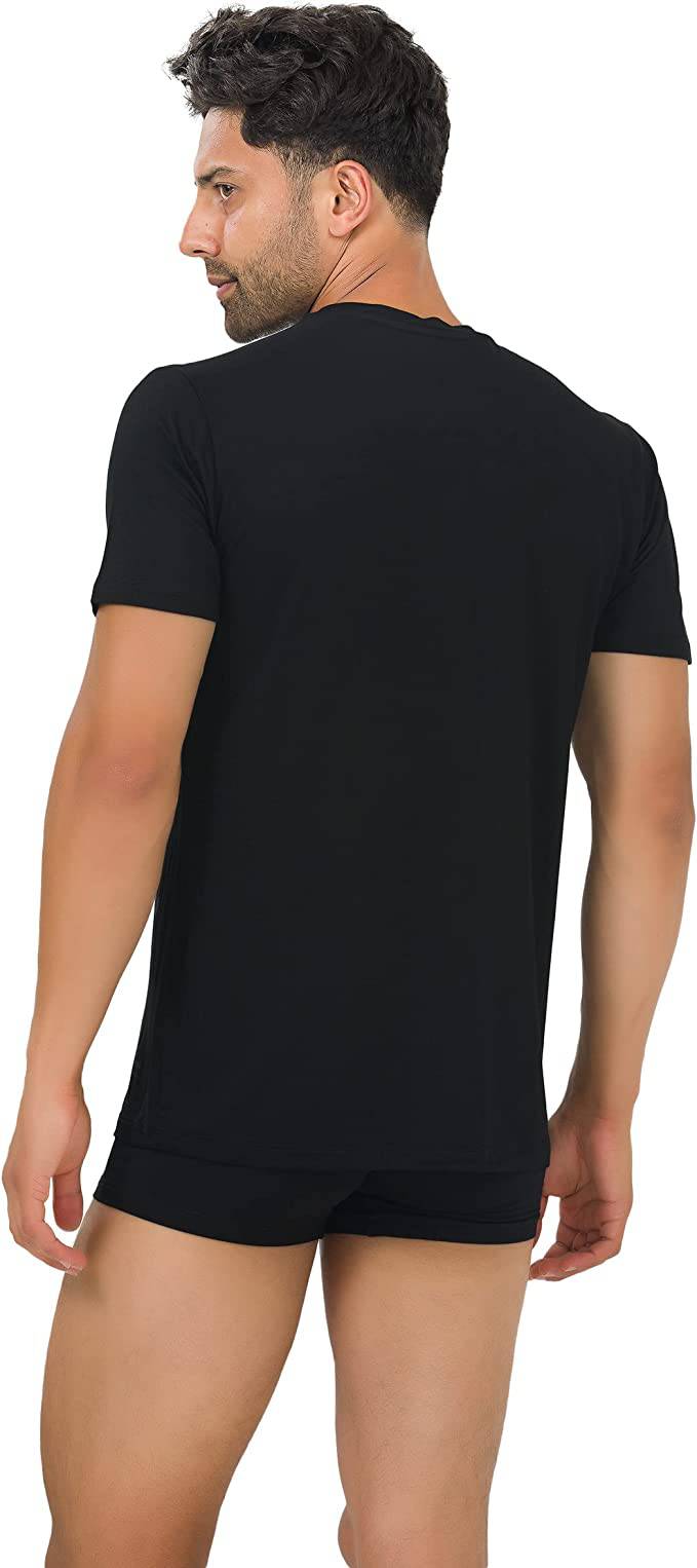 Men's bamboo crew neck undershirt, black, short-sleeve, back view, 3-pack