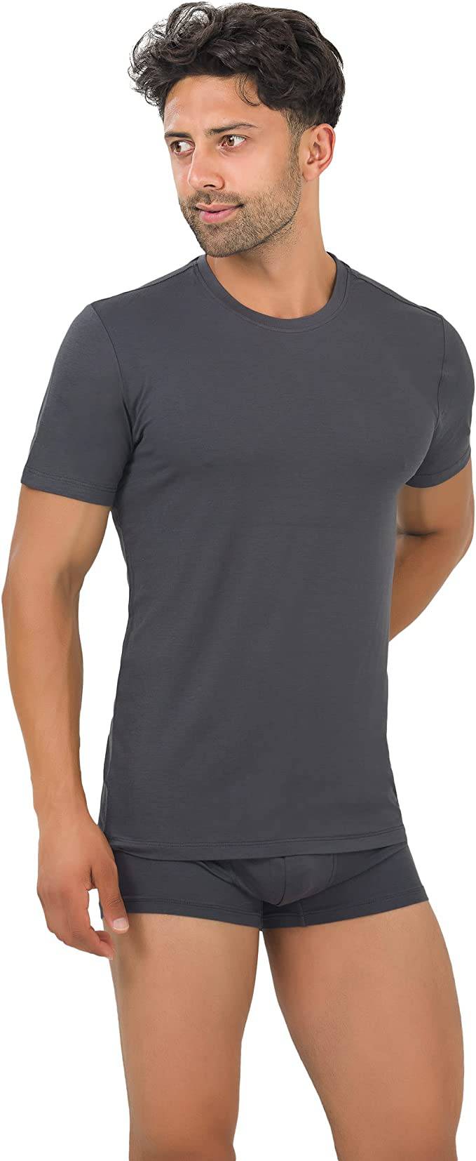 Men's bamboo crew neck undershirt, gray, short-sleeve, front view on model, 3-pack