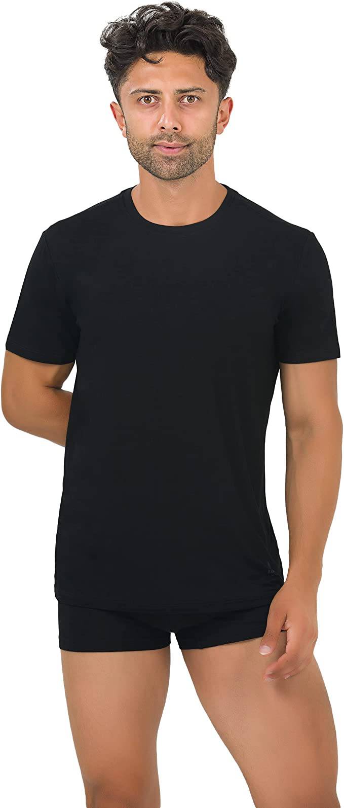 Men's bamboo crew neck undershirt, black, short-sleeve, front view, 3-pack