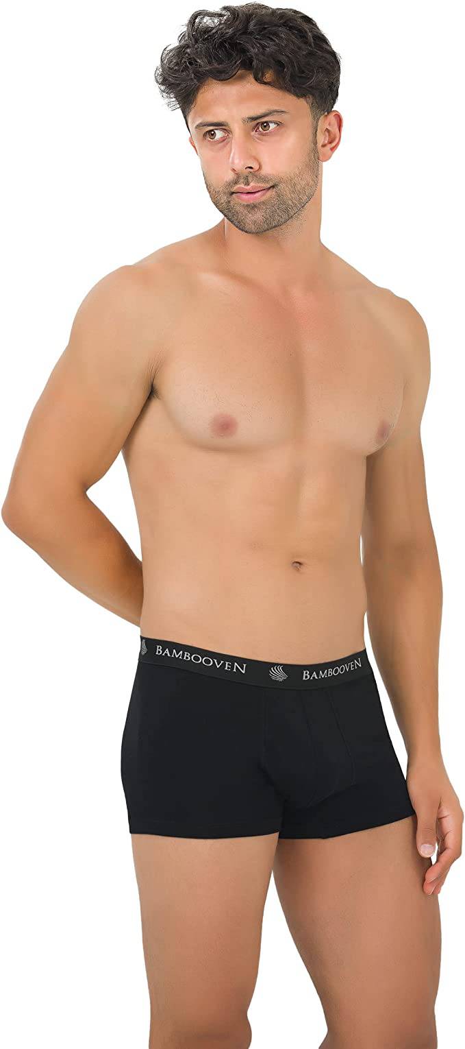 Men's bamboo trunks, dark gray boxer briefs with logo waistband, front view
