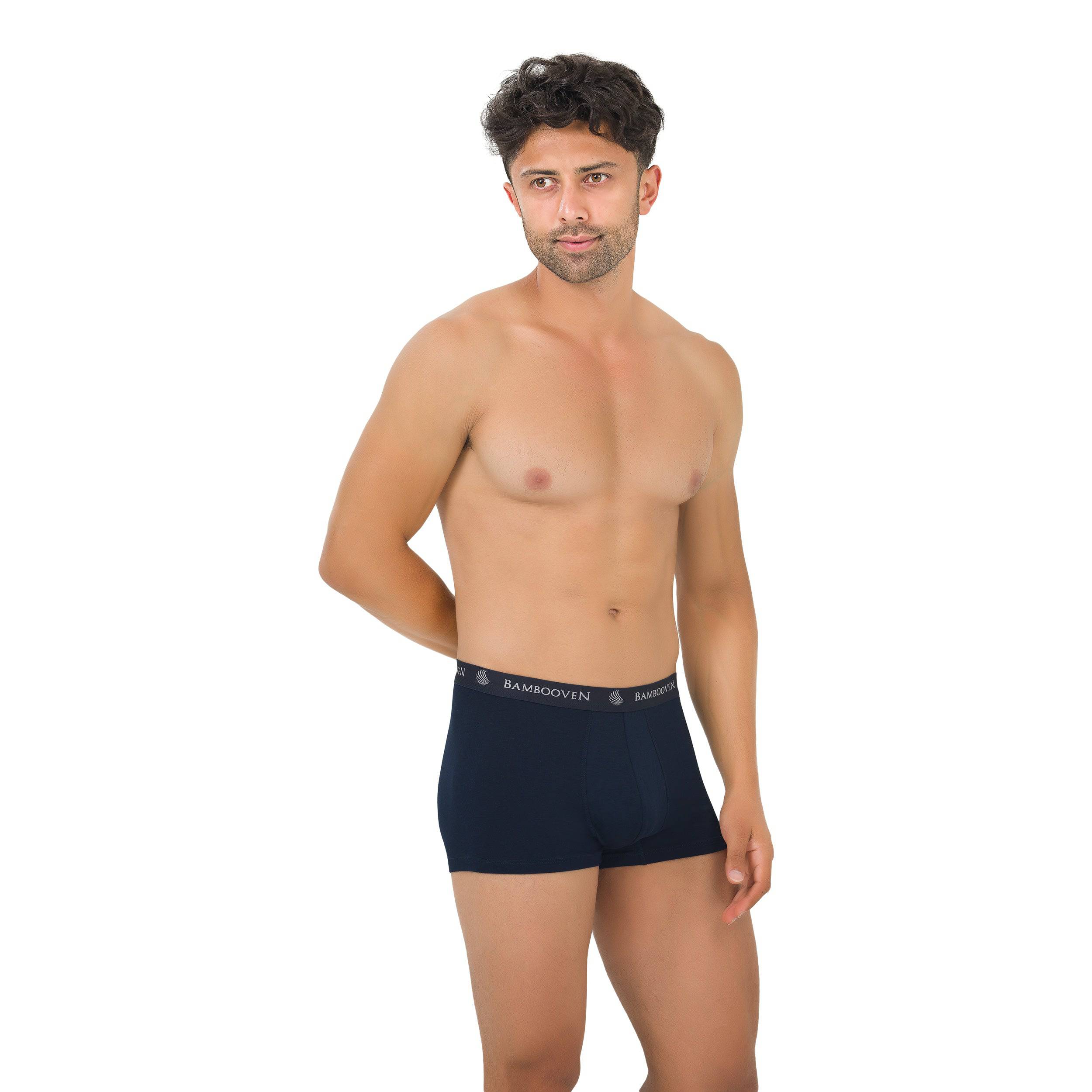 Men's bamboo trunks with pouch, navy boxer briefs, front view