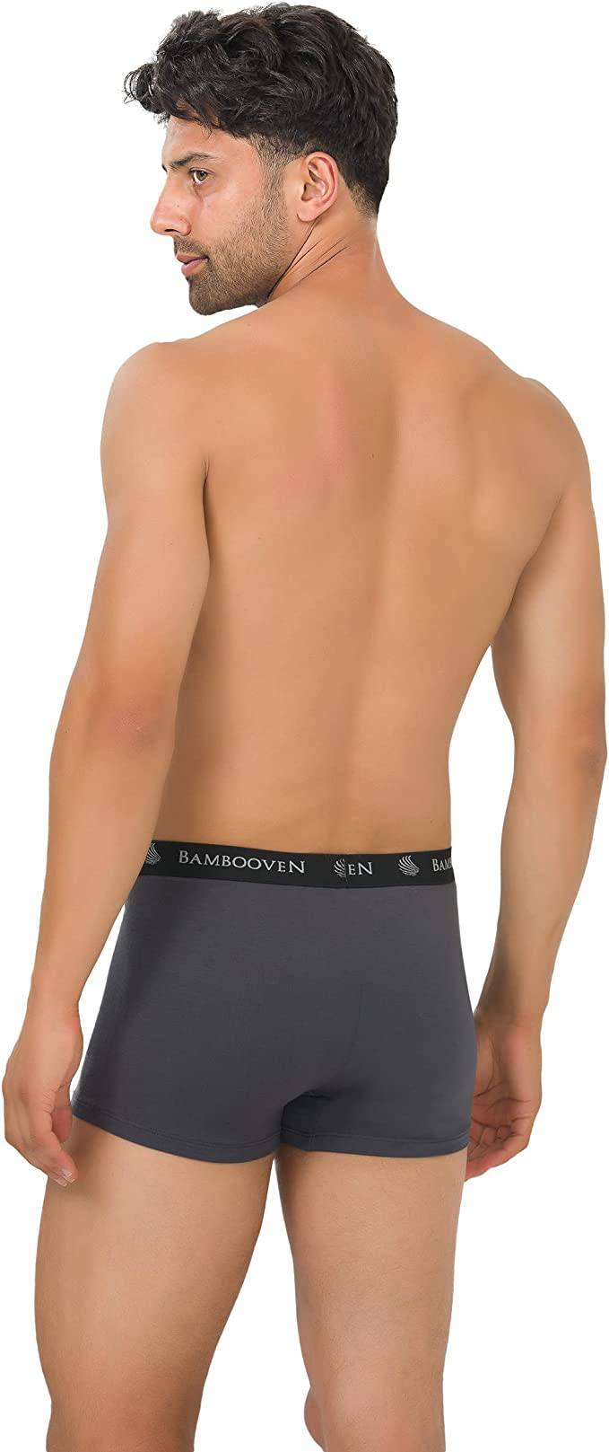 Men's bamboo trunks, dark gray boxer briefs with logo waistband, back view