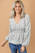 Stripe Shirred V-Neck Long Sleeve Blouse