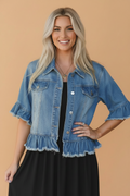 Denim Raw Edge Short Sleeve Ruffle Hem Jacket