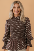 Polka Dot Shirred Ruffle Hem Long Sleeve Blouse
