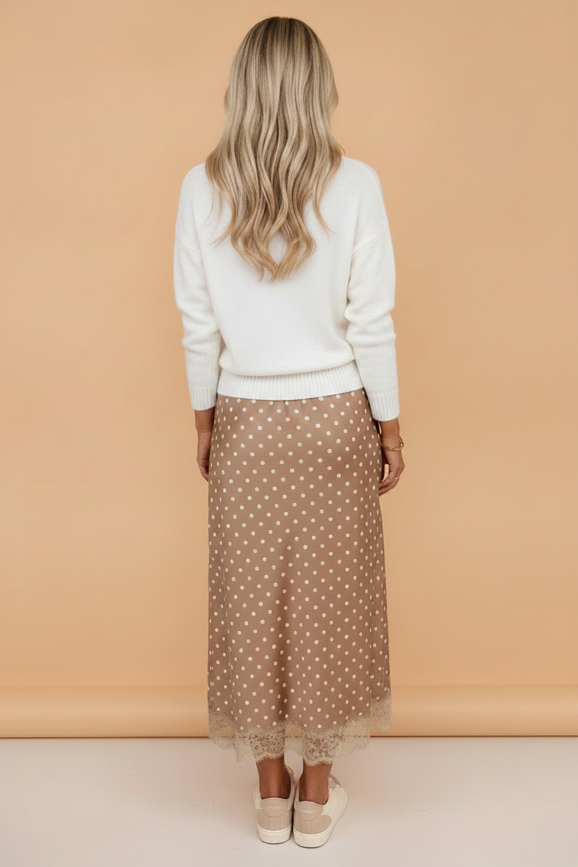 Polka Dot Lace Hem Midi Skirt