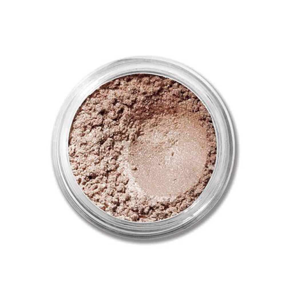 bareMinerals loose mineral eyeshadow in round jar, shimmery taupe-brown