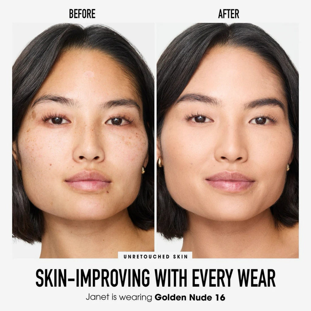 Mineral foundation on face, smooth complexion in before-and-after portrait