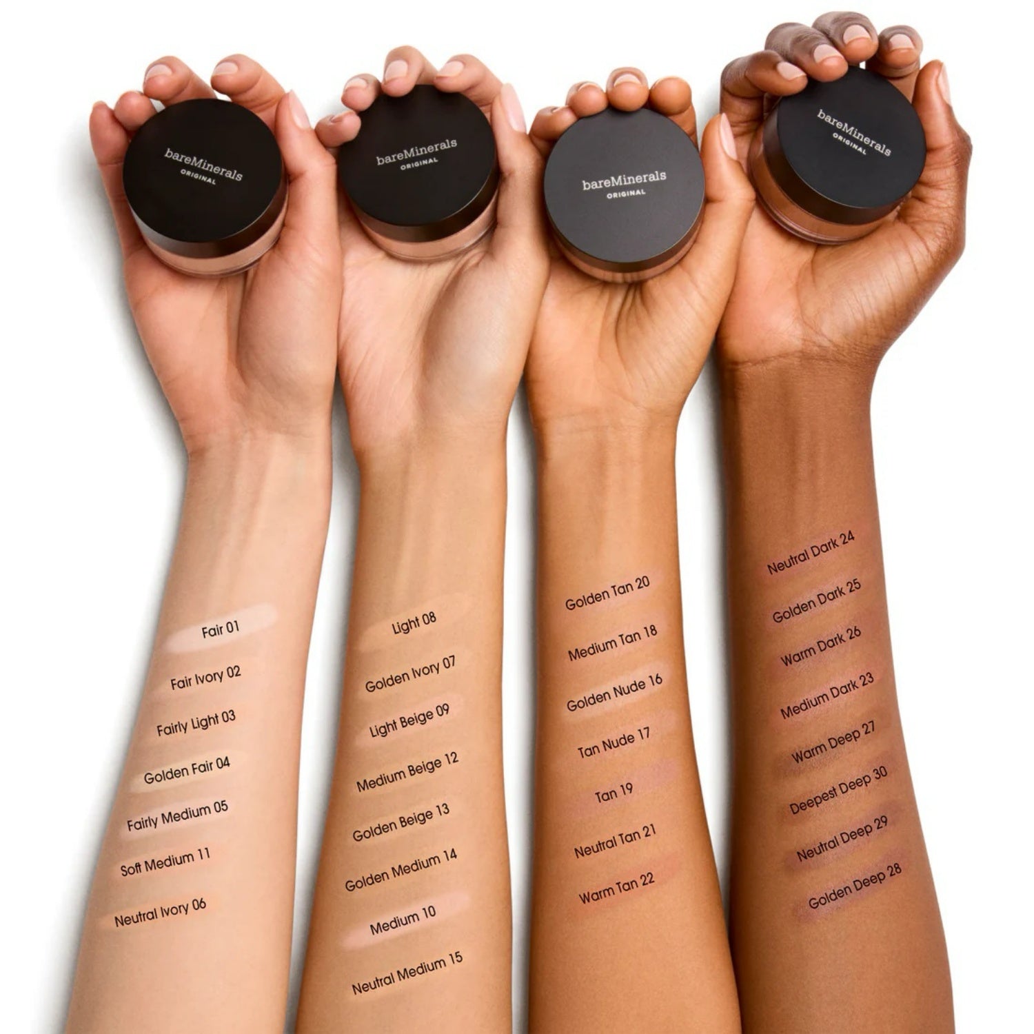 Loose mineral foundation compact jars and arm shade swatches, multiple shades