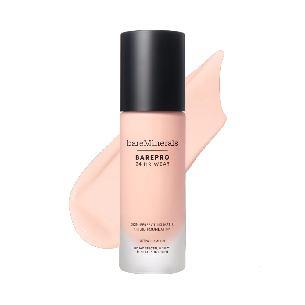 bareMinerals BarePro matte liquid foundation bottle with drop swatch, SPF 20