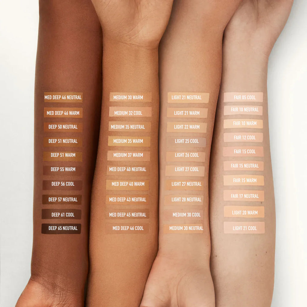 Foundation shade swatch lineup on skin tones, labeled for BarePro 24HR Wear