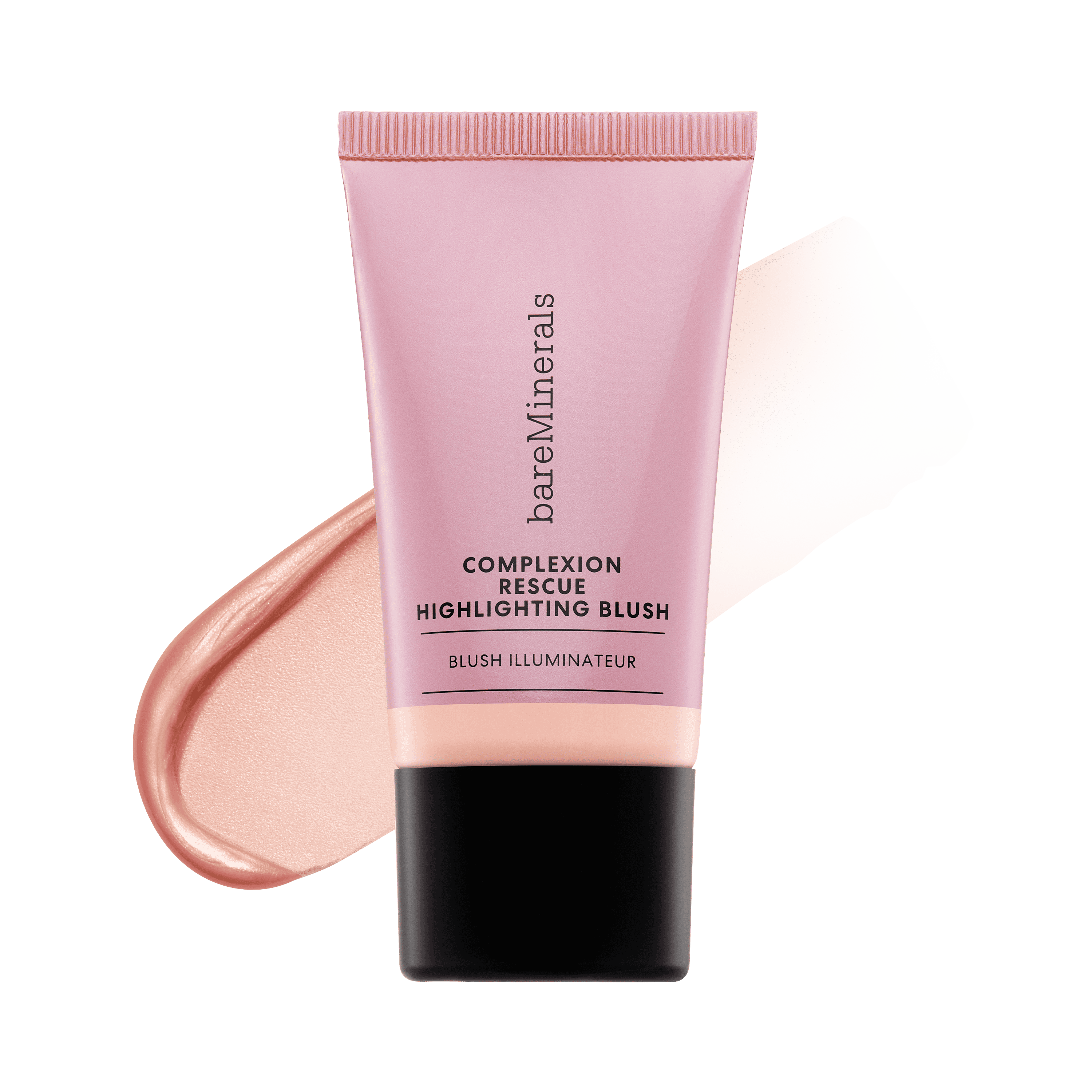 Highlighting blush tube with soft peach swatch and pink cap