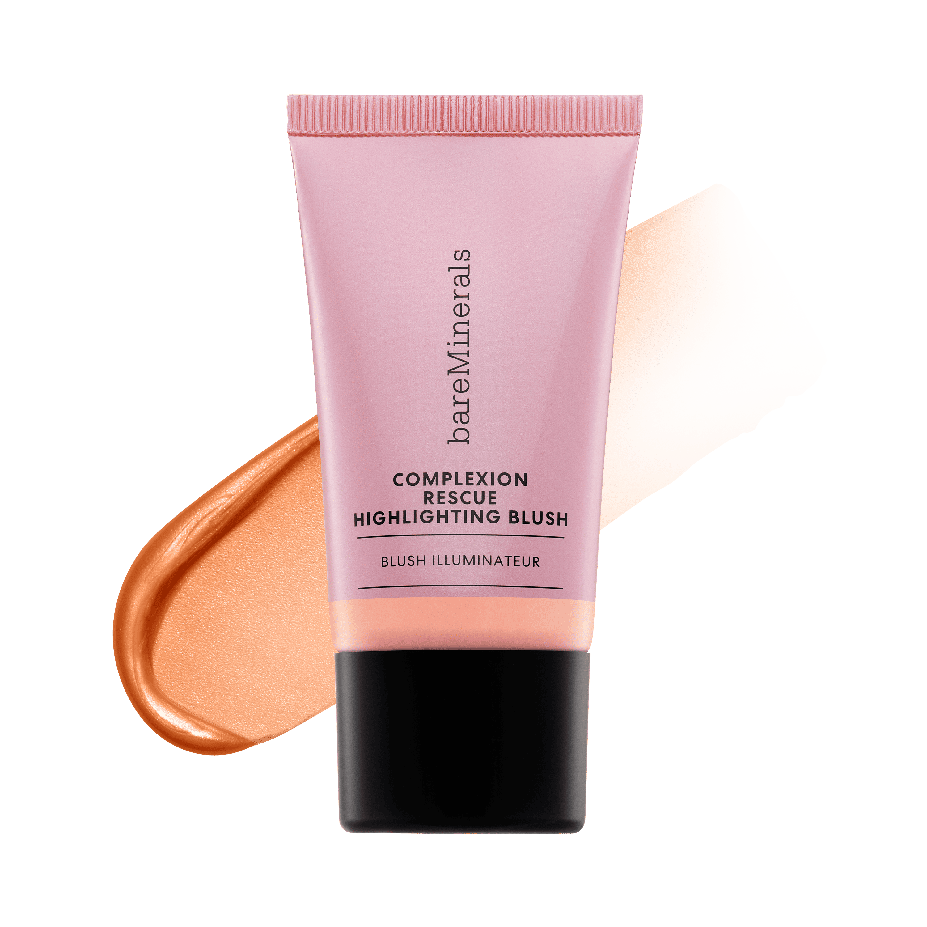 Highlighting blush tube with warm peach swatch and pink cap