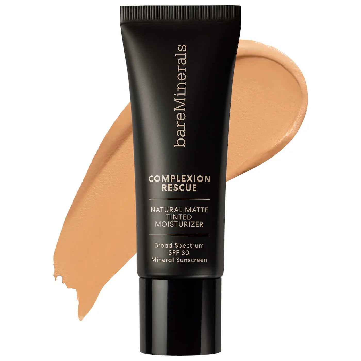 Tinted matte moisturizer tube with light beige swatch, black cap and SPF 30 details