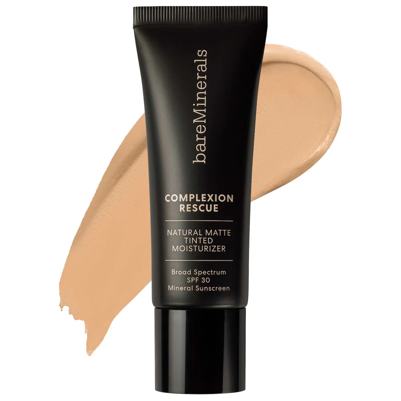 Tinted matte moisturizer tube with light beige swatch, black cap and SPF 30 details
