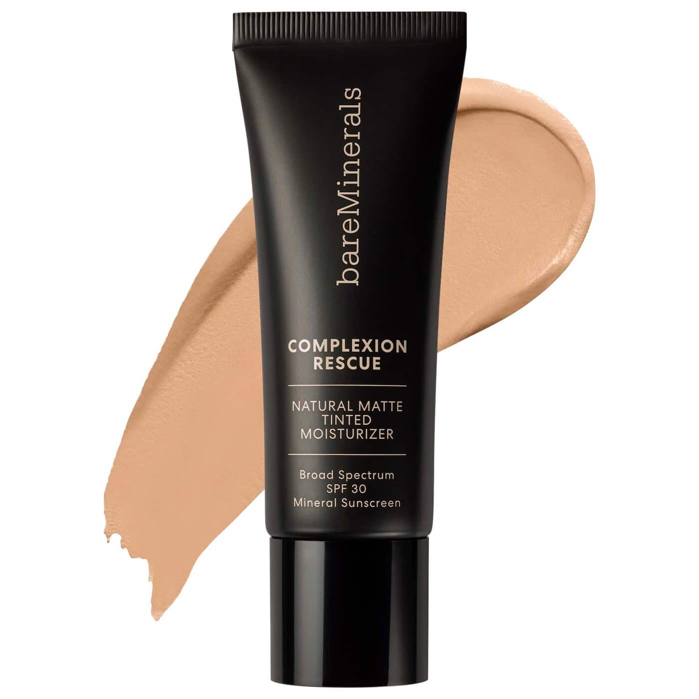Tinted matte moisturizer tube with beige swatch, black cap and SPF 30 details