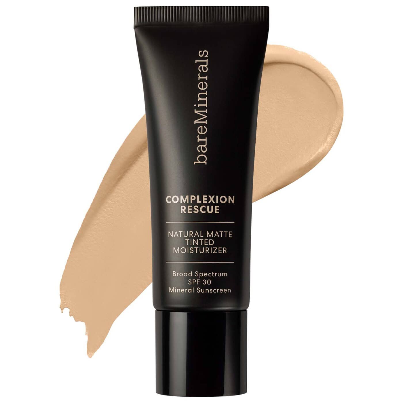 Tinted matte moisturizer tube with warm beige swatch, black cap and SPF 30 details