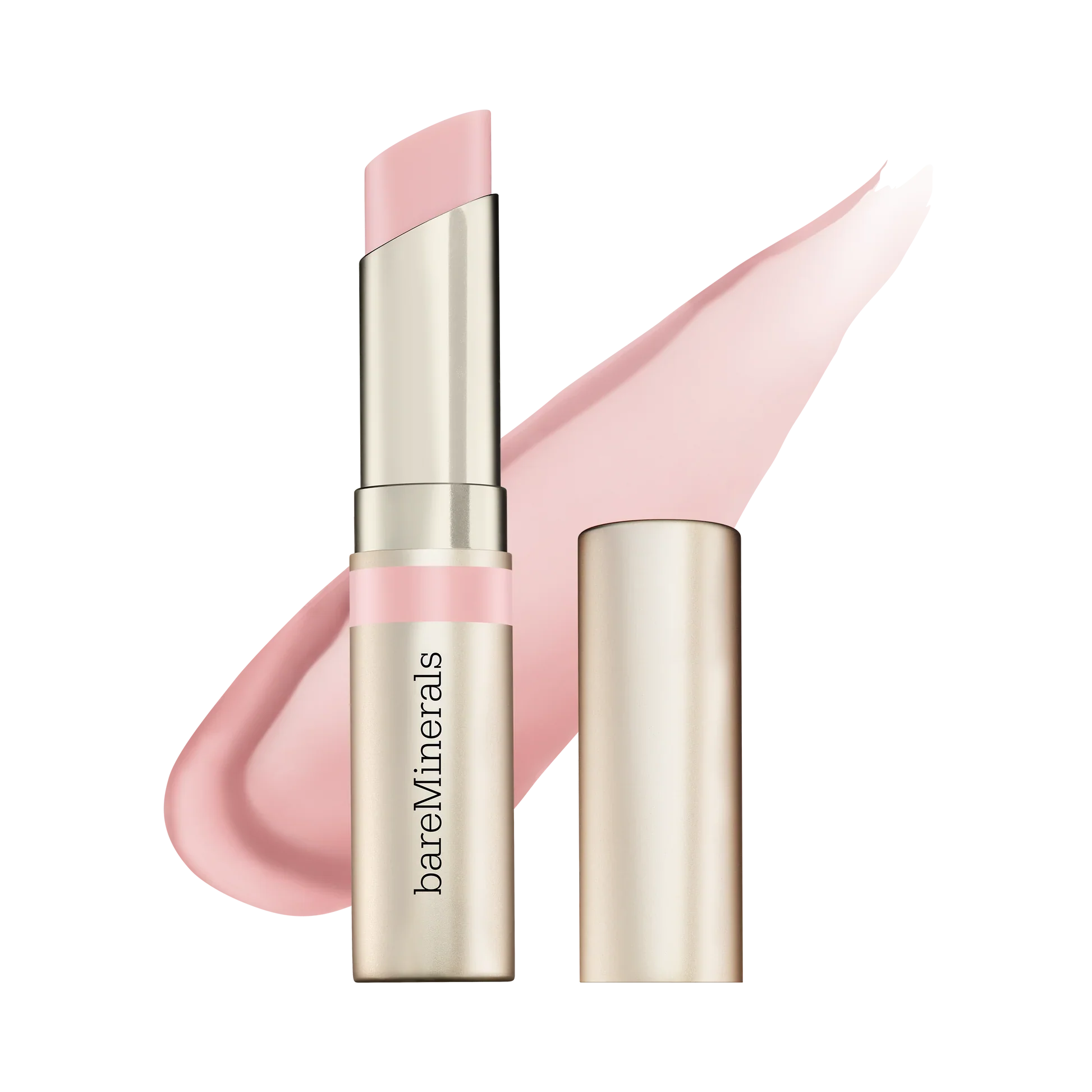 bareMinerals Dewy Lip Gloss-Balm in soft pink, balm stick with swatch.
